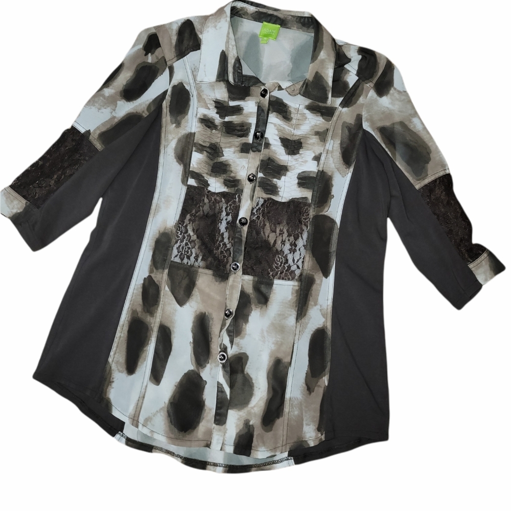 Adam Jacobs Multi Print Animal Lace Rouched Blouse sz M